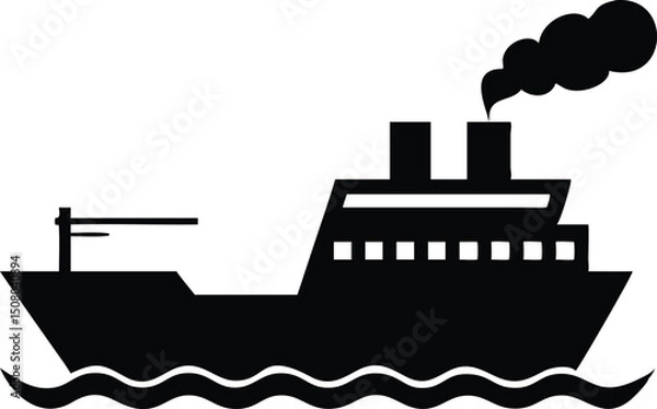 Fototapeta Silhouette of a ship sails smoothly over the wavy ocean with dark smoke billowing