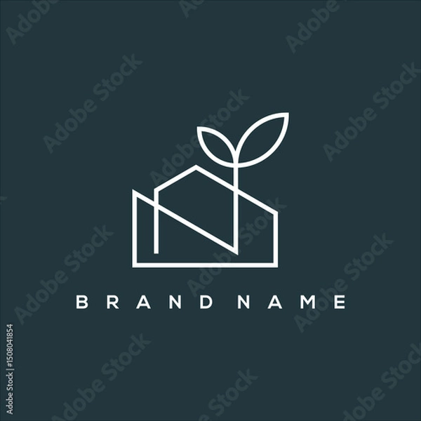 Fototapeta line art minimalist icon initial N and house leaf logo vector