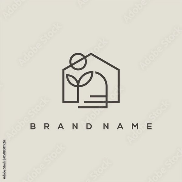 Fototapeta line art icon minimalist house with plants and sun logo vector