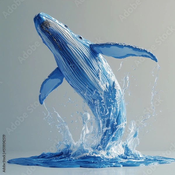 Fototapeta A blue whale is leaping out of the water, with its tail flapping in the air. Concept of freedom and grace, as the whale soars through the water