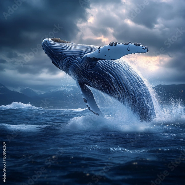 Fototapeta A whale is leaping out of the water, creating a splash. The image has a moody, dramatic feel, with the whale's powerful leap and the dark, stormy sky in the background