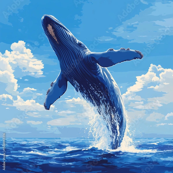 Fototapeta A blue whale is leaping out of the water. The painting is a beautiful representation of the majesty and grace of these magnificent creatures. The blue and white colors of the whale