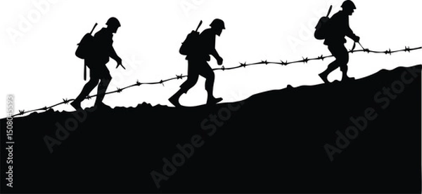 Fototapeta Silhouetted soldiers with helmets hike through barbed wire on a dark battlefield, suggesting struggle