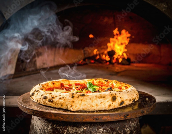 Obraz A dramatic image of a freshly baked pizza placed on a stone in front of a burning brick oven