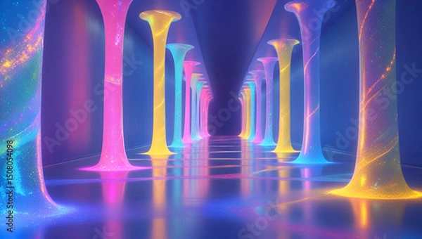 Fototapeta Vibrant abstract hallway with glowing rain ai genrative