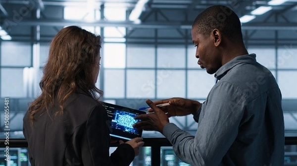 Fototapeta Data center system administrators using artificial intelligence neural networks tech on tablet. Teamworking server farm employees using AI programming language on device screen, camera A
