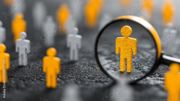 Fototapeta A conceptual graphic featuring a yellow human icon inside a magnifying glass, set among a field of white icons on a neutral grey background. Generative AI