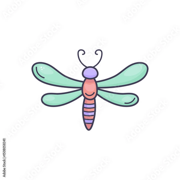 Fototapeta Cute vector dragonfly in doodle style on white background. Perfect for kids’ prints, stickers, cards, or spring decor. Isolated stock illustration