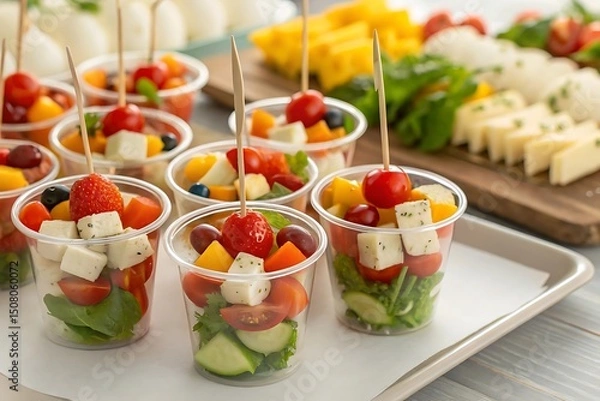 Fototapeta Buffet catering with assorted appetizers in plastic cups. Includes fresh salads, tomato, cheese bites, seafood, and finger foods, perfect for party, event, or celebration display.