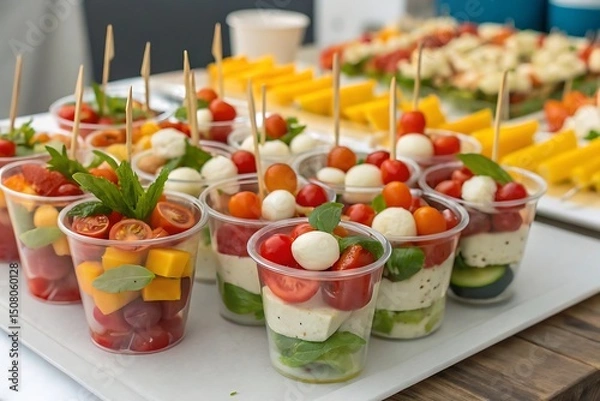 Fototapeta Buffet catering with assorted appetizers in plastic cups. Includes fresh salads, tomato, cheese bites, seafood, and finger foods, perfect for party, event, or celebration display.