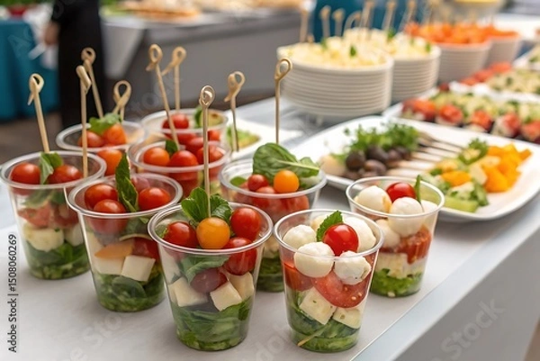 Fototapeta Buffet catering with assorted appetizers in plastic cups. Includes fresh salads, tomato, cheese bites, seafood, and finger foods, perfect for party, event, or celebration display.
