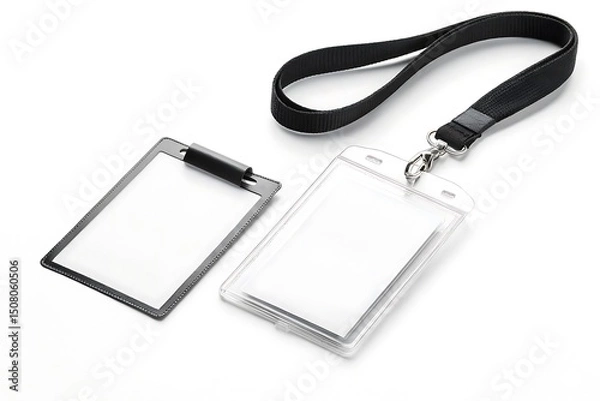 Fototapeta Vertical blank ID badge mockup with plastic holder and black lanyard. Isolated on white background. Ideal for business, corporate, school, or event identification design.