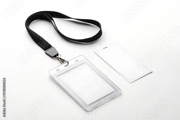 Fototapeta Vertical blank ID badge mockup with plastic holder and black lanyard. Isolated on white background. Ideal for business, corporate, school, or event identification design.
