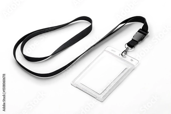 Fototapeta Vertical blank ID badge mockup with plastic holder and black lanyard. Isolated on white background. Ideal for business, corporate, school, or event identification design.