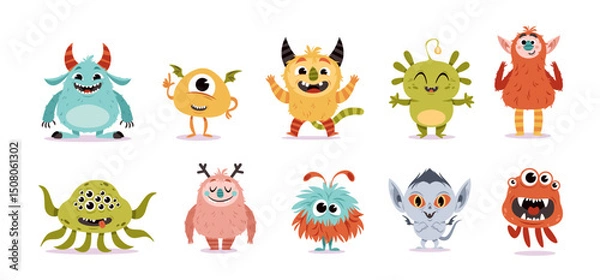 Fototapeta Cute monsters. Cartoon creepy characters, funny little demons, kids mascots, fabulous fluffy mutant creatures with teeth and fangs, childish nursery isolated elements, tidy vector set