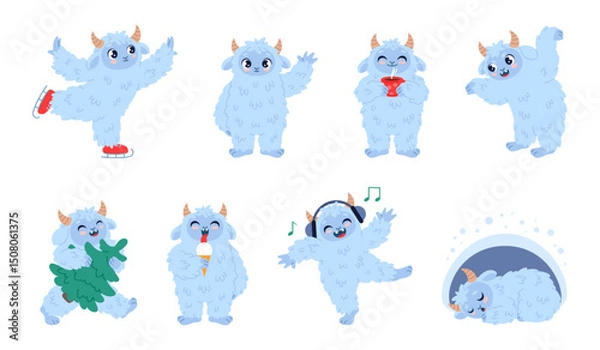 Fototapeta Cartoon yeti character. Funny fluffy mascot, winter white man, cute sasquatch, fantasy monster, different poses, actions, mythical animal eating ice cream, sleeping in cave classy vector set