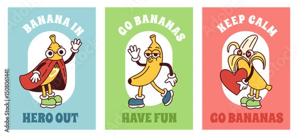 Fototapeta Cartoon banana cards. Funky fruit characters, groovy retro mascot with smiling faces, hands and feet, funny inscriptions, delicious summer print, colorful food posters garish vector set