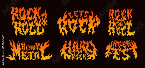 Fototapeta Burning text logos. Flamed inscriptions, decorative fired design text, rock and metal music graphic, bonfire orange letters, fire isolated phrases flammable lettering, tidy vector set