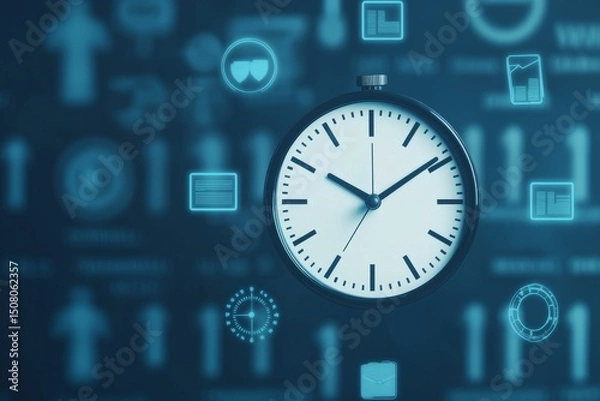 Fototapeta Digital clock surrounded by icons and blue background elements.