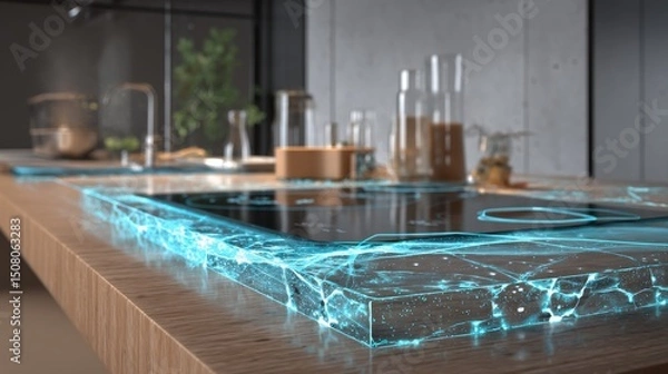 Fototapeta Modern kitchen countertop with innovative lighting and stylish cooking appliances.