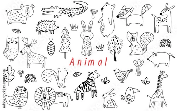 Fototapeta cute kawaii animal abstract hand drawn element set