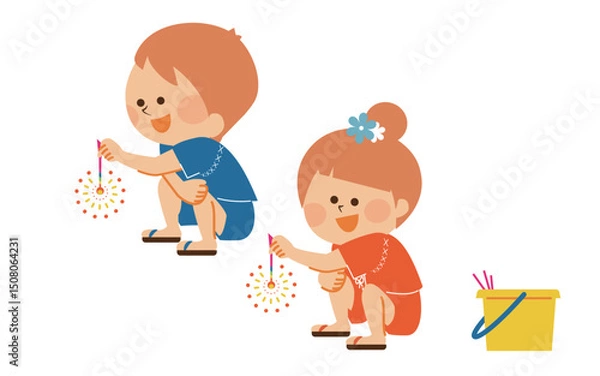 Fototapeta 花火をする子供達　夏休み　イラスト素材