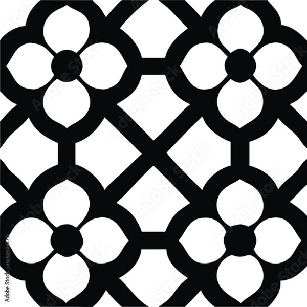 Fototapeta Seamless pattern shows black floral quatrefoil and trellis grid on a white backdrop