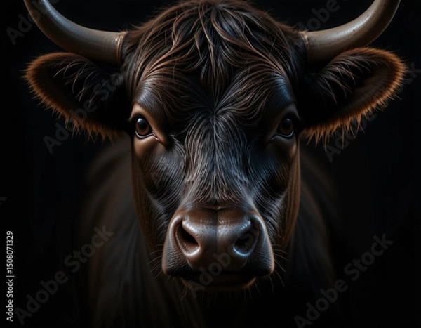 Fototapeta Close-Up Portrait of Wagyu Cow in Low Key Light