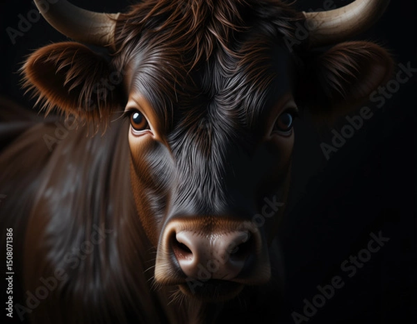 Fototapeta Close-Up Portrait of Wagyu Cow in Low Key Light