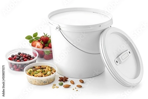 Fototapeta White plastic bucket with lid and handle on white background. Ideal for packaging mockups, product presentation, food storage, commercial use, delivery, branding, and e-commerce visuals.