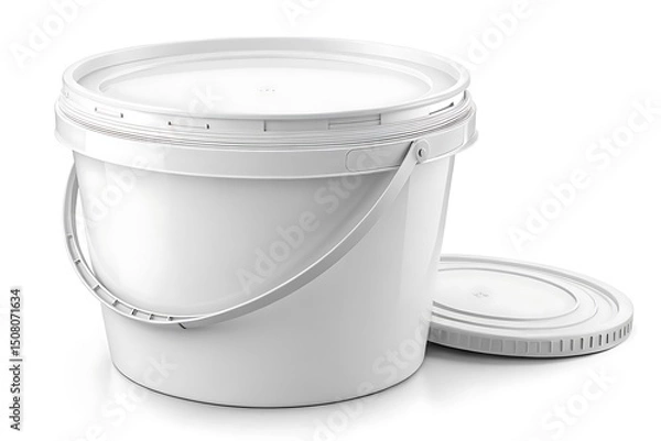 Fototapeta White plastic bucket with lid and handle on white background. Ideal for packaging mockups, product presentation, food storage, commercial use, delivery, branding, and e-commerce visuals.