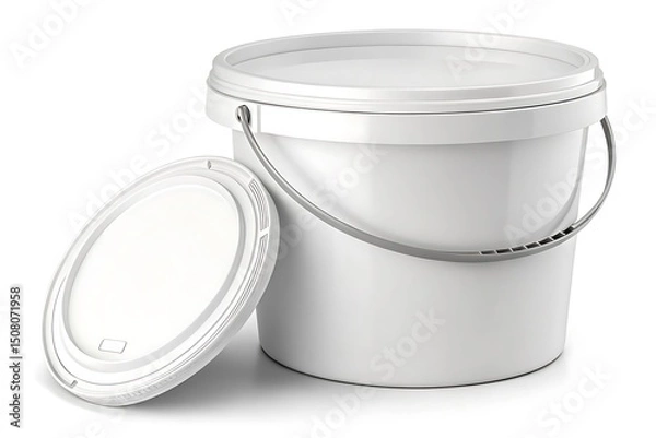 Fototapeta White plastic bucket with lid and handle on white background. Ideal for packaging mockups, product presentation, food storage, commercial use, delivery, branding, and e-commerce visuals.