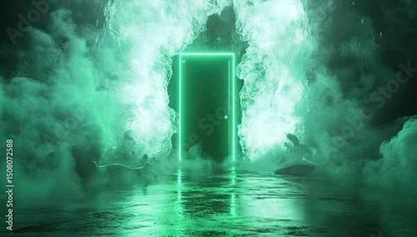Obraz 3d bright light glowing from an open door isolate3d on a black backgroun3d architectural design element modern minimal concept hope metaphor