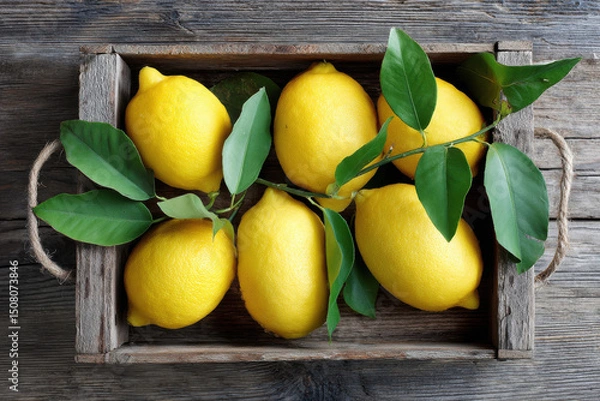 Obraz Directly above photo of organic lemons with leaves on wooden board in a box