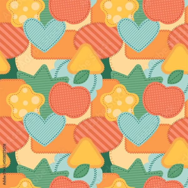 Fototapeta Textile patches seamless pattern. Stitched fabric pieces, patchwork collage, decorative labels, different seams textile, wrapping paper, wallpaper. Print for fabric garish vector background