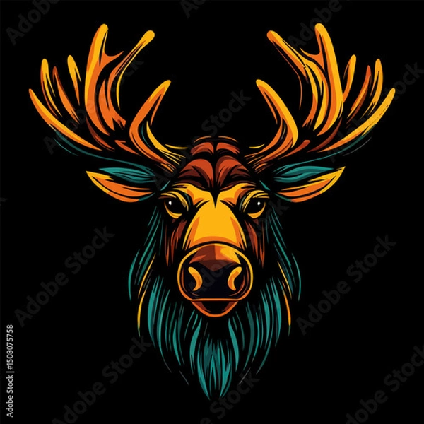 Fototapeta Colorful Deer Head – Stylized Vector Illustration with Antlers and Tribal Elements
