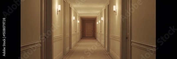 Fototapeta A long hallway with doors on both sides, each door a different shade of brown and beige.