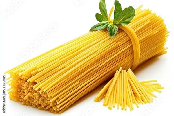 Fototapeta Uncooked pasta strands arranged on a white background.