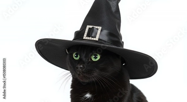 Obraz Black Cat in Witch Hat with Green Eyes Isolated on White Background for Halloween Decor