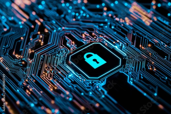 Fototapeta Digital circuit board featuring a padlock symbol for cybersecurity.