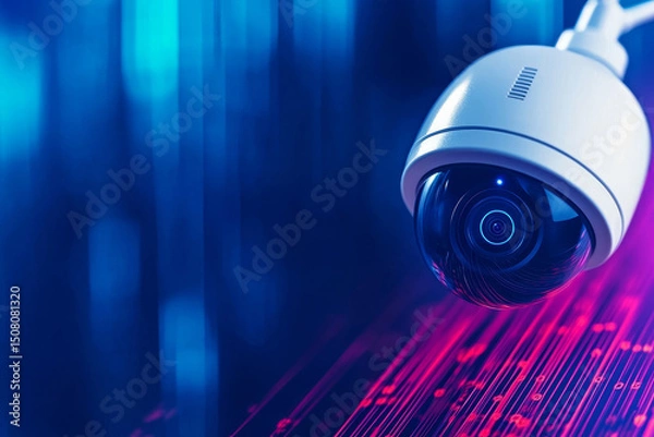 Fototapeta Surveillance camera with digital background and colorful light trails.