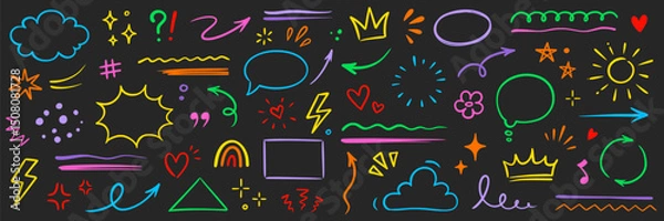 Fototapeta Line hand drawn brush marker arrow, heart, crown element set. Hand drawn sketch marker underline kid color shape, arrow, star scribble brush pen stroke doodle graphic icon. Vector illustration