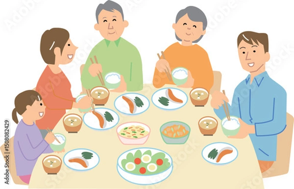 Obraz ５人の家族と和食の食事の風景のベクターイラスト