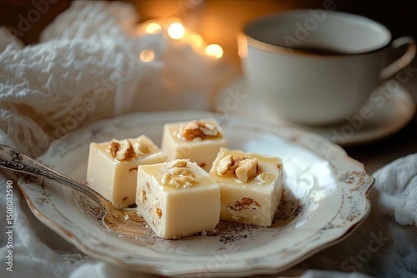 Fototapeta square pieces of white fudge with honey and nuts, on a vintage plate, with a coffee cup in the background, and warm lighting.