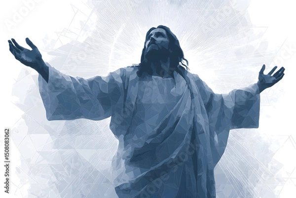 Fototapeta A digital painting of Jesus Christ in a warm, inviting style, standing with open arms in a gesture of love and acceptance