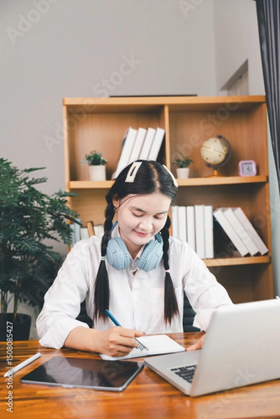 Fototapeta Asian girl student wear headphones learning online watching webinar class looking at laptop computer eLearning remote lesson making notes or video calling virtual conference meeting teacher at home.