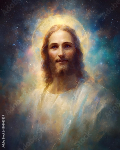 Fototapeta A digital painting of Jesus Christ with divine and heavenly background