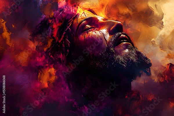 Fototapeta Digital painting of Jesus wearing a crown of thorns, with a soft light breaking through a cloudy sky