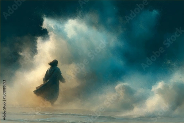 Fototapeta Digital artistic painting of Jesus walks on water across the sea as in bible