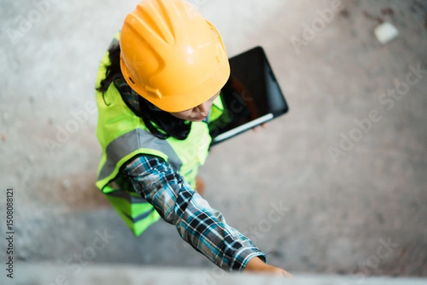 Fototapeta Construction worker inspecting building site urban location professional portrait indoor environment aerial view safety practices